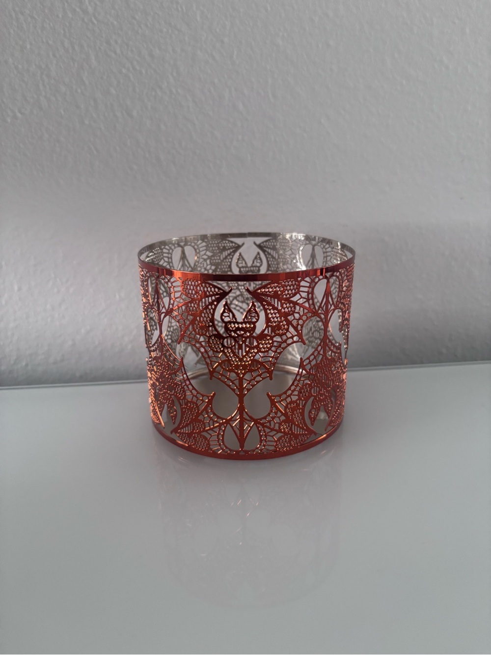 New Bath and Body Works Halloween Lace 3 wick Candle Holder Orange Bat Metal - Picture 2 of 5